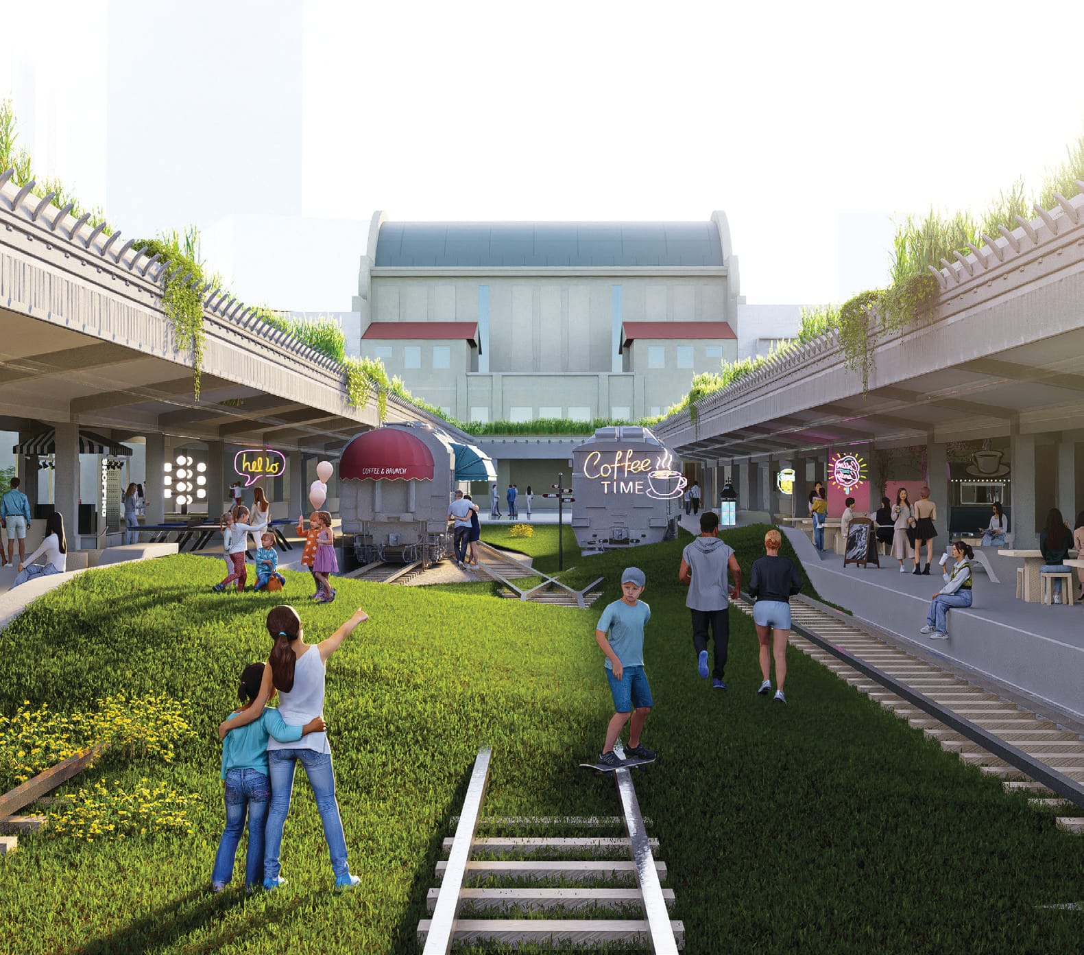 3D render of lawn space within former Tanjong Pagar Railway Station